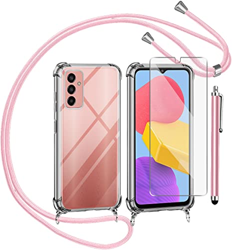 Funda con Cuerda para Samsung Galaxy M13 y Cristal Templado Protector de Pantalla,Transparente Suave Silicona Carcasa, Ajustable Cordon Collar Colgante Antigolpes Case, Rosa Cover