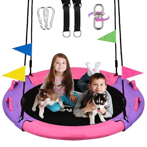 HeyZoo Tree Swing, 43 Inch Saucer Swing Sets for Kids, Come with 360 Degree Swivel and Adjustable Hanging Strap, Pink and Purple