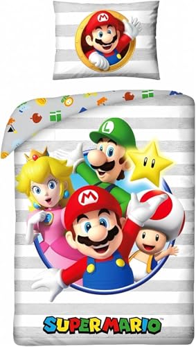 arlis Parure de Lit Super Mario, Housse de Couette Réversible 140x200 cm, Taie d'oreiller 65x65 cm (Parure de lit Super Mario)