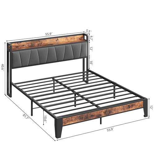 LIKIMIO Full Bed Frame, Storage Headboard with Charging Station, Solid and Stable, Noise Free, No Box Spring Needed, Easy Assembly