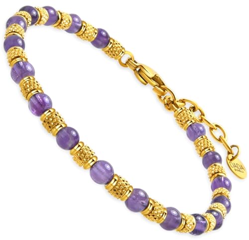Image of Dada Gioielli - Women's Bracelet with Genuine Natural Stone, Amethyst (Spirituality) - Agate (Protection) - Amazonite (Optimism) - Sodalite (Communication), Stainless Steel, Purple Amethyst and Gold