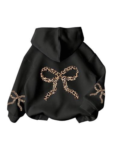 RoseSeek Girl's Bow Cheetah Leopard Hoodies Long Sleeve Hooded Sweatshirt Pullover Preppy Cute Clothes Black 7Y