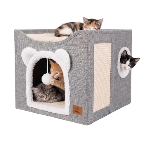 Casinha para Gatos 2 Andares com Arranhador e Brinquedo PETYC Cama Dobrável Interativo Tapetes Laváveis