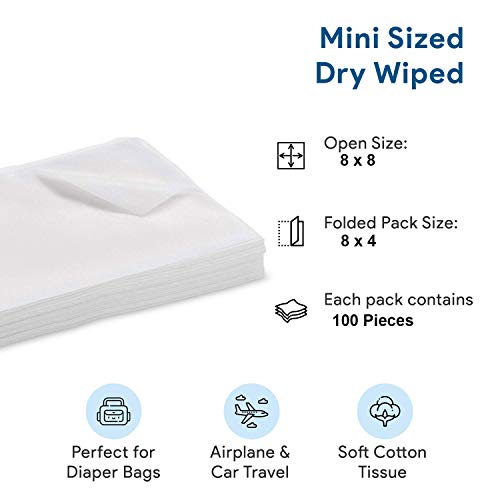 Disposble Dry Wipes for Baby and Adults, Ultra Soft Cotton Tissue Washcloths - Travel Size - Non-Moistened Cleansing Cloths for Incontinence, Body | Makeup | Adult (100 wipes)... - Image 3