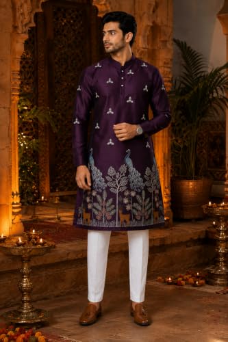 Generic Men’s Wine Satin Embroidered Straight Kurta, Large - Image 3