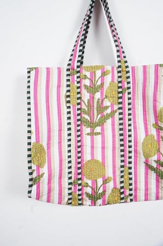 Image of Quilted Cotton Handprinted Reversible Large multicolor Floral Tote Bag,Hand Block Print Shopping Shoulder Carry Bag