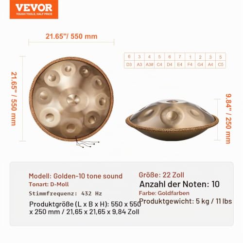 VEVOR Handpan, 55 cm, 10 Noten, D-Moll-Handtrommel, Drum-Instrument mit Schlägeln, 432-Hz-Handpan-Ständer & Tragetasche, Heilende Klangtrommel aus Stahl, Schlaginstrumente für Erwachsene & Anfänger
