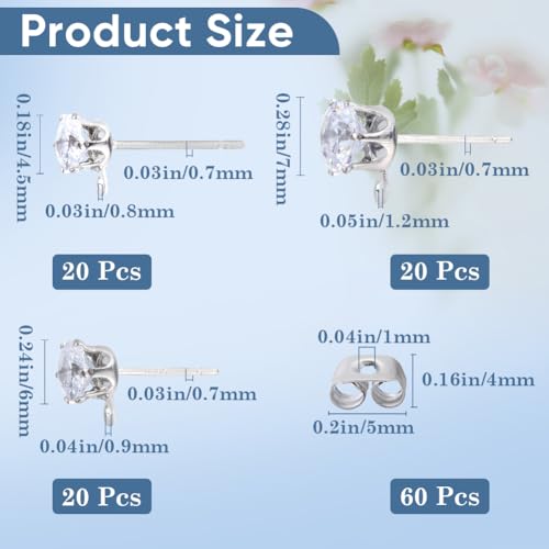 SOFPLATE 1 Box 60Pcs 3 Sizes Rhinestone Earring Post Stud Earrings with Loop 60Pcs Brass Ear backs 925 Sterling Silver Plated Pins Cubic Zirconia Earring Studs Findings for jewellery Making Supplies - Image 2