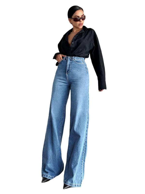 CHALODIA Women’s High Waist Baggy Jeans | Loose Fit | Light Wash | Bell Bottom | Trendy Casual Denim Pant for Women