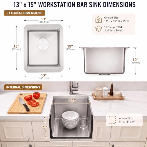 Image of LQS 13 Inch Undermount Bar Sink, Stainless Steel RV Kitchen Sink, 10 inch Depth Small RV Kitchen Sink, 16 Gauage Stainless Steel Material, Workstation Ledge With Cutting Board and Abundant Accessories