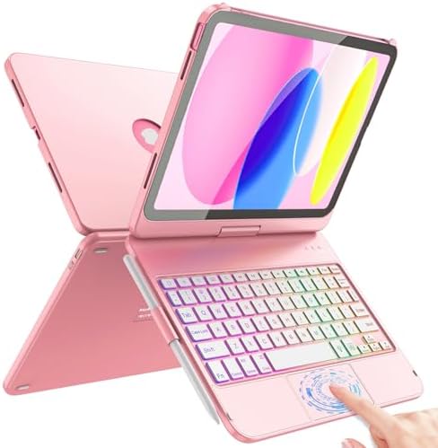FUWANG Touch Keyboard Case for iPad A16 11th/10th Gen, 360° Rotating, Pink