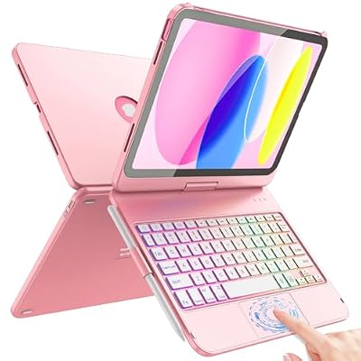 FUWANG Touch Keyboard Case for iPad A16 11th/10th Gen, 360° Rotating, Pink