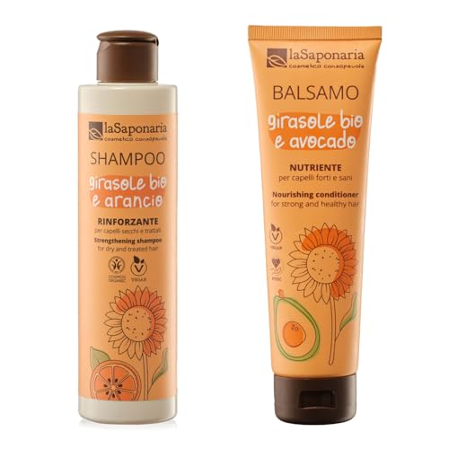 La Saponaria | Kit Shampoo Girasole & Arancio Nutriente 200 ml + Balsamo Nutriente con Girasole Bio 150 ml, ideale per Capelli Secchi e Crespi