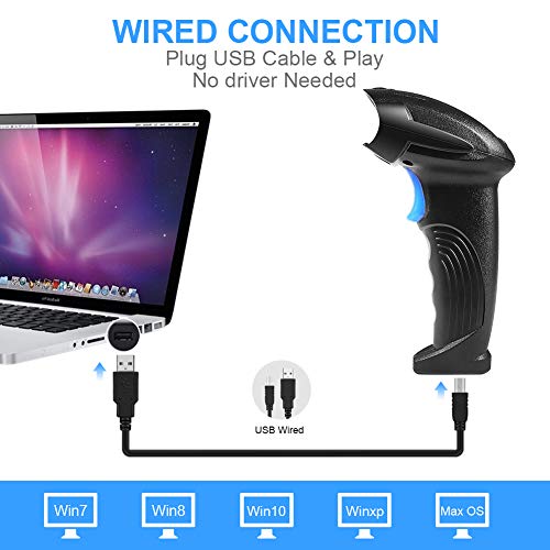 Barcode Scanner Wireless & Wired Handheld, Turimon Rechargeable Barcode Reader Scanner, USB Quick Laser Barcode Scanner Gun for Library Book, Warehouse Inventory, Store Price Tag