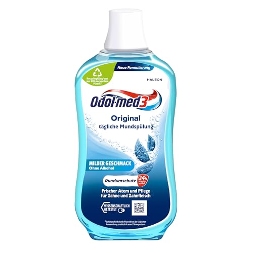 Odol-med3 Mundspülung Original, alkoholfreie Mundspülung, pflegt die Zähne und das Zahnfleisch, mit einem minzfrischen Geschmack, 500ml