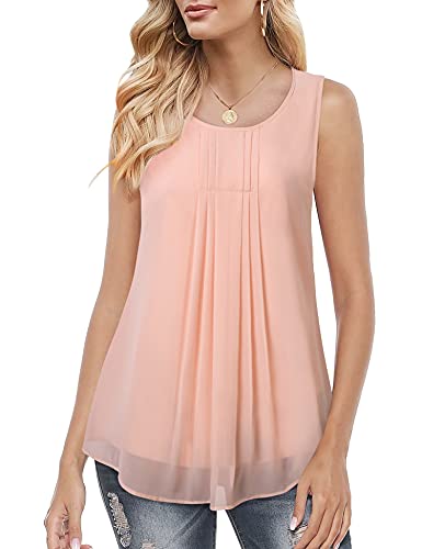 Youtalia Pink Blouse Tank Tops for Women, Juniors Sleevless Chiffon Tunic Shirts Layered Blouses Pleats Lightweight Cool Casual Summer Tunic Blouse for Women Pink X-Large
