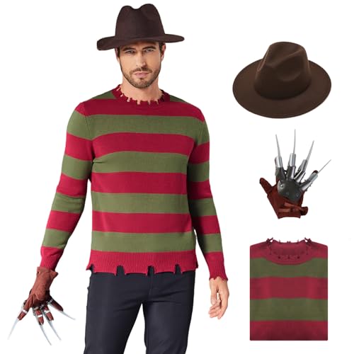 Gvnphal Freddy Sweater Adults Striped Jumper Knitted Sweater with Hat Krueger Halloween Cosplay Costume L