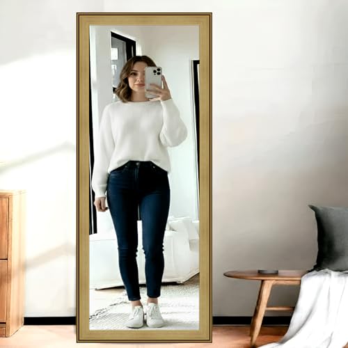 Image of Creative Arts n Frames 21 x 51 inch Full Length Dressing Chevel Long Fiber Wood Rectangular Framed HD Mirror Home Wall Living Room Decor Items (Smokey Oak with Gold Trim)