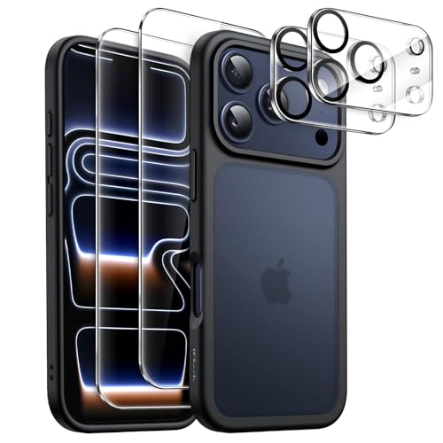 JETech 5 en 1 Funda Mate para iPhone 17 Pro 6,3 Pulgadas con 2 Protectores Pantalla Cristal Vidrio Templado y 2 Protectores Lente Cámara, Carcasa Translúcida Respaldo (Negro) product image