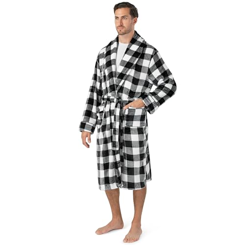PAVILIA Bata de forro polar para hombre, bata de franela de felpa para hombre, bata de baño suave para hombre, bata larga de spa, Blanco (Plaid White), talla única
