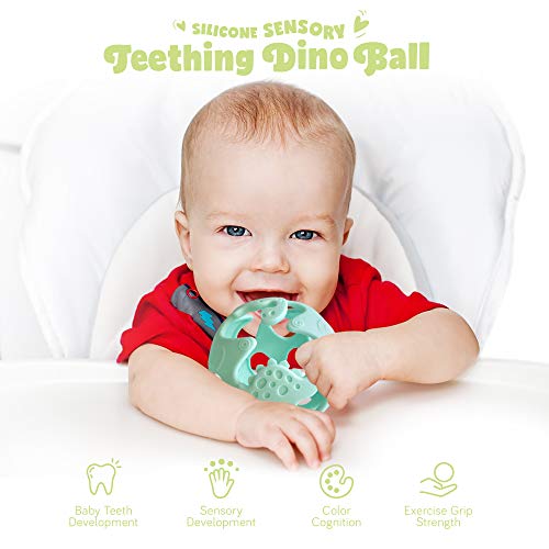 Ashtonbee Dino Baby Teething Toys, Food-Grade Silicone Teethers For Babies, Textured Sensory Balls Teething Toy, Soft And Safe Sensory Chew Toys For Teething Baby, Easy To Clean And Store, Green #TOP2