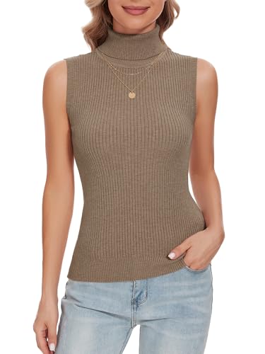 Image of Sleeveless Turtlenecks Tops for Women Slim Fit Knit Sleeveless Vest | Lightweight Stretchy Turtleneck Sweater Women Business Casual Wear