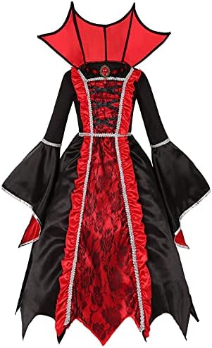 Girls Royal Vampire Costume for Halloween Party Gothic Vampire Queen Dress Up Party Outfit 8-10 Years, Red
