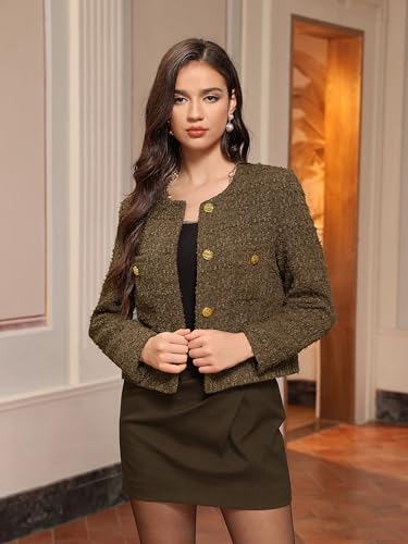 M.Infisavo 2025 Womens Cropped Tweed Jacket Wool Blazer Elegant Fall Winter Pockets Business Casual Office Outfits2