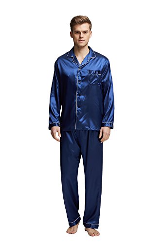 TONY & CANDICE Men's Classic Satin Pajama Set Sleepwear (XX-Large, Blue with White Piping) - Thumbnail 2