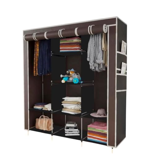 Image of Collapsible Wardrobe Closet for Clothes Storage, 8 Shelf Portable Fabric Almirah, Foldable Clothes Organizer with Plastic Frame, Space Saving Cupboard for Bedroom (Brown)