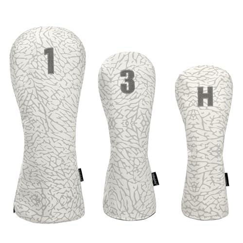 YuEagleSky - Golf Head Covers for Drivers, Fairway #3 Hybrid for Club, Golf Club Covers for Men and Women, Premium Embroidered PU Leather, Double Elastic Band,White & Grey Elephant Prints (3pcs)
