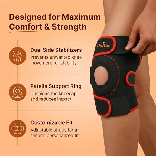 Image of DOLTAS Knee Brace Pair Red - Open Pateela Knee Support for Gym, Running, Arthritis, Joint Pain & Injury Recovery Men & Women| Stabilizes Kneecap & Relieves Knee Pain (2 Pcs)