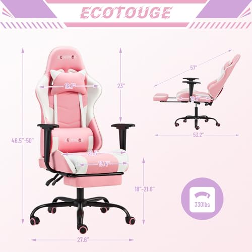 Image of ECOTOUGE PC Gaming Chair Massage Ergonomic Office Desk Chair Racing PU Leather Recliner Swivel Rocker with Headrest and Lumbar Pillow, Pink-White