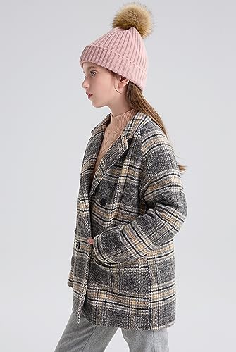 maoo garden Big Girls Plaid Dress Coat Faux-Wool Double Breasted Fall Winter Mid-Weight Peacoat Quilted Jacket3