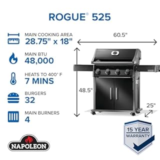 Napoleon Rogue 525 Propane Gas Grill, Black, Durable 4-Burner BBQ