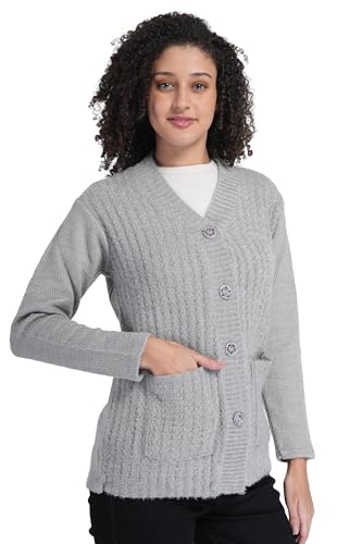 Image of MANRA Women's Woolen V-Neck Buttoned Full Sleeve Cardigan Self Design Soft Wool Fabric Winter Wear Pure Wool Sweater Fully Warm with Front Pockets Stylish Cardigan