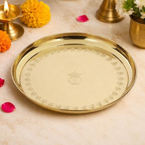 Image of Mkd2 Rise Pure Brass Pooja Thali Set I Puja Thali Set for Festival, Home, Temple, Mandir, Diwali Gift (10 Inches, Set of 7 Pieces)