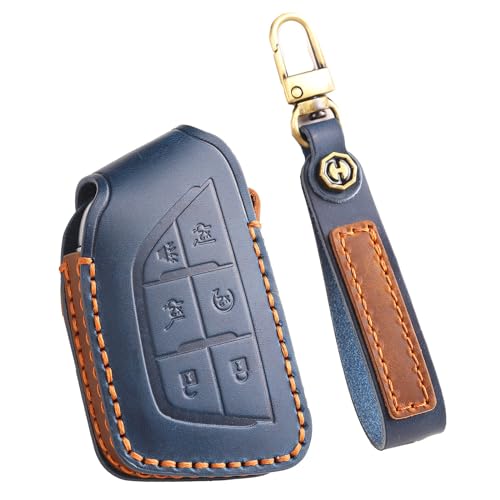 Coque de clé en cuir véritable 6 boutons bleu pour télécommande Cadillac
