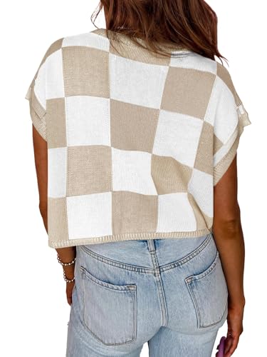 Women's Summer Cap Sleeve Top Colorblock Round Neck Halter Short Sleeve Knit Checkerboard Casual Sweater3