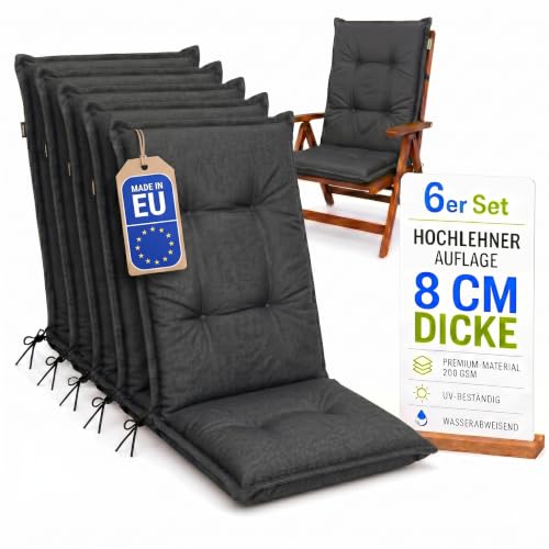Pillows24 - Hochlehner Auflagen 6er Set - 120x50cm 8cm Dick - Premium-Material 200gsm UV- & Wasserabweisend | Sitzauflagen Hochlehner | Sitzkissen Gartenstuhlauflagen für Gartenmöbel | Graphit
