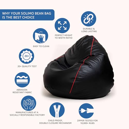Image of Amazon Brand - Solimo 6XL Premium Faux Leather Bean Bag Filled with Beans for Living Room | Capacity Upto 6'9 inch Height & 135 Kg Weight | Pre-Filled Bean Bags for Office Use (Black with Pink Piping)