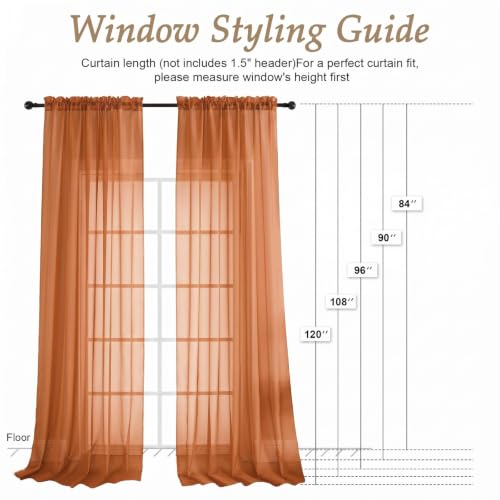 Image of Orange Bedroom Curtains 2 Panel Sets 96 Inch Length, 59 Inch Extra Wide Light Filtering Voile Drapes Light Airy Window Drapes for Patio Door Living Room Bedroom Dining, 59Wx96L Inches