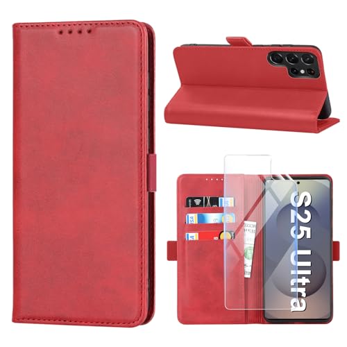 Étui Samsung S25 Ultra Vaki en cuir rouge avec protège-écran