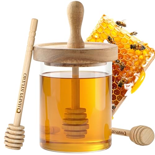HAPPI STUDIO Honey Jar with Dipper Airtight - Borosilicate Glass Honey Pot Dispenser No Drip - Honey Container with Wood Dipper - Sealed Honey Holder Keeper for Kitchen - 13.5 oz (Brown)
