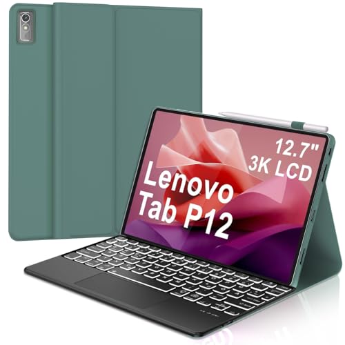Hülle Mit Tastatur Für Lenovo Tab P12 12.7 Zoll 2023 Tastatur Hülle Kompatibel Mit Lenovo Tab P12 7 Farben Beleuchtung Bluetooth Magnetisch Abnehmbarer Qwertz Layout Dunkelgrün -Touchpad