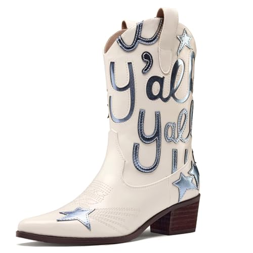 Image of Metallic Cowboy boots for Women Embroidered Mid Calf Womens Cowgirl Boots Western Pointed Toe Chunky Heel
