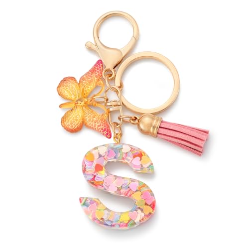 CHUQING Schlüsselanhänger Buchstabe Mädchen Schlüsselanhänger Schmetterling mit Anfangsbuchstabe für Frauen Rosa S