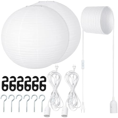 2 sets jumbo round paper lanterns with lamp cord cable white hanging paper lanterns chinese japanese pendant hanging lamp for birthday wedding bridal anniversary party decoration(24 inch)