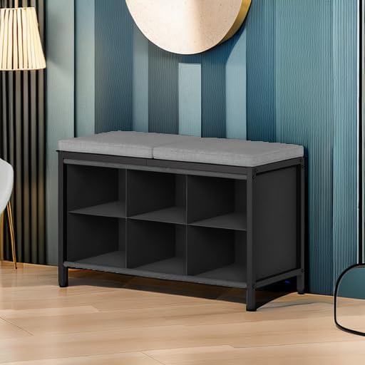 Shoe Storage Bench with Cushion, Entryway Bench, Shoe Rack with Padded Seat and 6 Oxford Compartments, for Closet, Bedroom, Entryway, Black and Gray HX01BK image 6 of 10 B0CX8W93FX