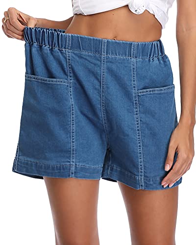 Fuinloth Women's Denim Shorts, Elastic Wasit Mid Rise Loose Fit With 2 Front Pockets, Stretchy Jeans Short Pants Blue Large #TOP2
